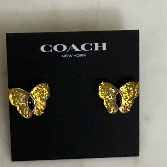 NWT Women’s COACH Yellow & Gold Butterfly Stud Earrings  Black Crystal - Picture 1 of 5